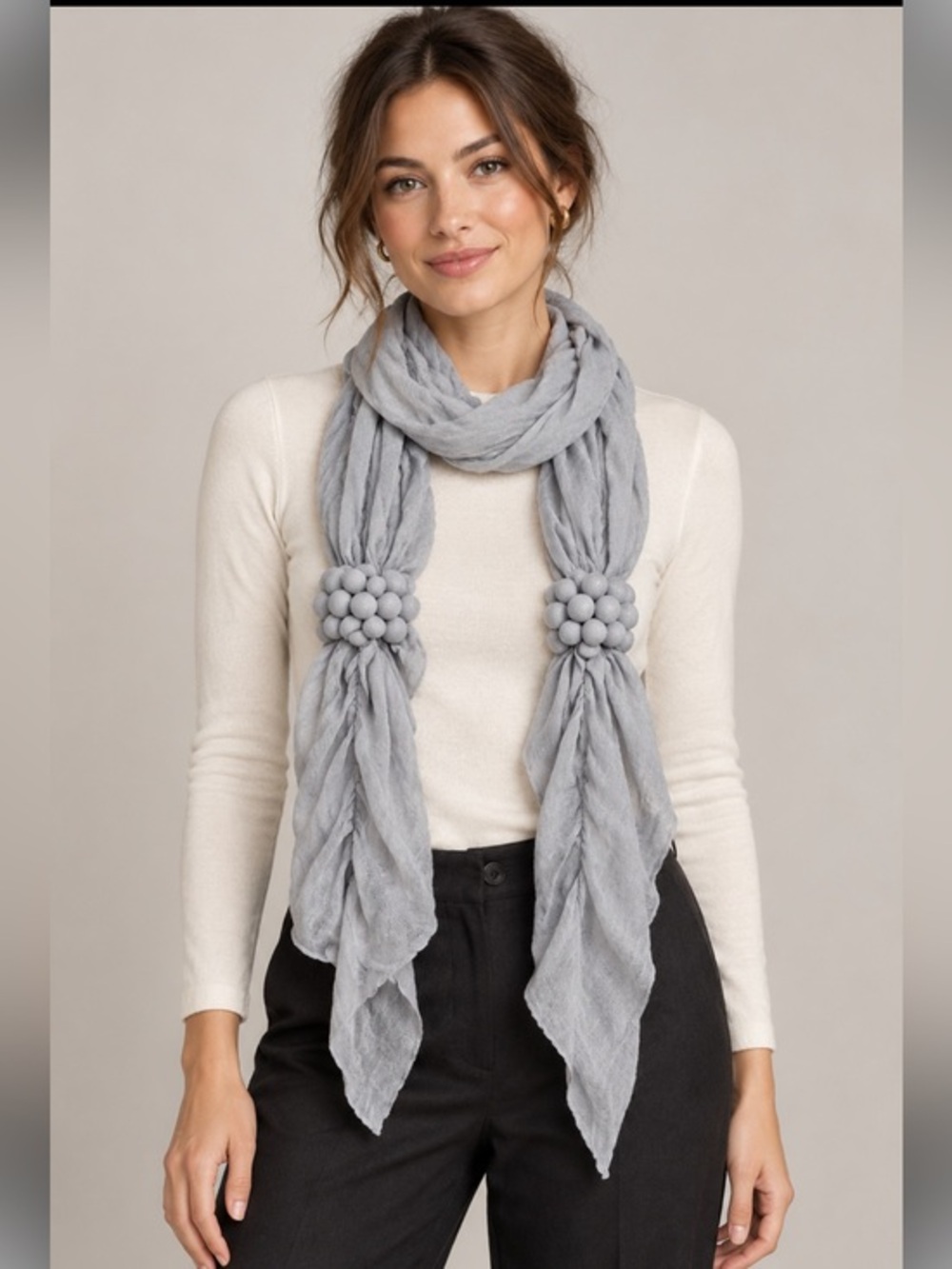 Gray Lightweight Scarf Fabric Bead Cluster Statement Wrap